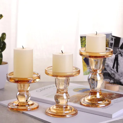 Vista 3 de IBWell Juego de 3 candelabros de cristal ámbar – Unidad, decoración de boda e iglesia – Centro de mesa