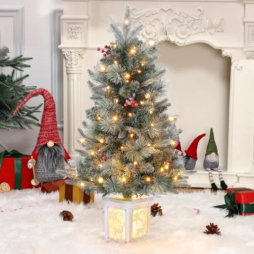 Vista 3 de Árbol de Navidad de 3 pies con base de reno, árbol de Navidad artificial esmerilado con 78 luces LED, caja de batería de 8 modos, decoraciones