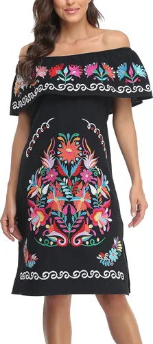 Vista 4 de YZXDORWJ Vestido bordado mexicano para mujer cuello con volantes sin mangas