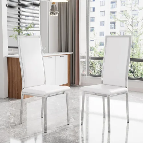 Vista 7 de Juego de 2 sillas de comedor modernas, piel sintética negra con patas de metal dorado cromado, diseño de respaldo alto curvo y acolchado tipo nube