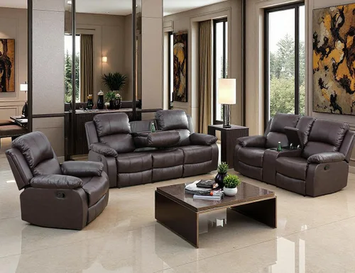 Vista 52 de Juego de Muebles para Sala de Estar, Juego de Sofá Reclinable Manual, Juegos de Sofás Reclinables de Cuero Beige con Mesa Desplegable, Sofá