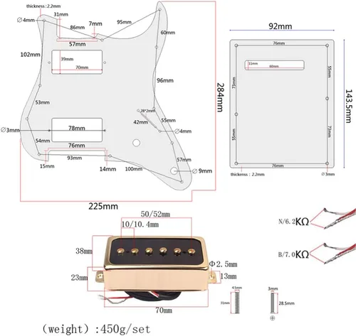 Vista 6 de Exceart Loaded - Juego de pastillas humbucker precableadas con cubierta de pastillas para guitarra eléctrica de 3 capas, accesorios bronce