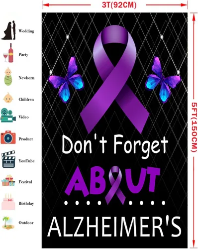 Vista 4 de No te olvides del telón de fondo de la enfermedad de Alzheimer, cinta morada, decoración de cabina de fotos, protección contra el Alzheimer, fondo