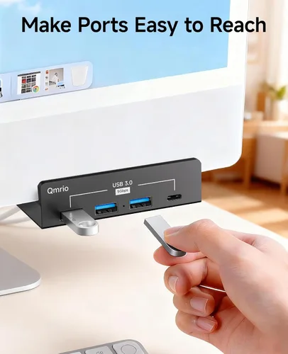 Vista 5 de Hub USB 3.0, concentrador USB con abrazadera de 5 Gbps para escritorio/monitores con puerto de fuente de alimentación adicional, 3 puertos de datos