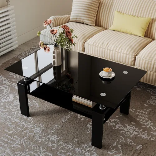 Vista 3 de IANIYA Mesa de Centro de Vidrio, Mesa de Centro Rectangular Negra para Sala de Estar con Vidrio Templado y Tubo de Metal, 2 Niveles de Espacio