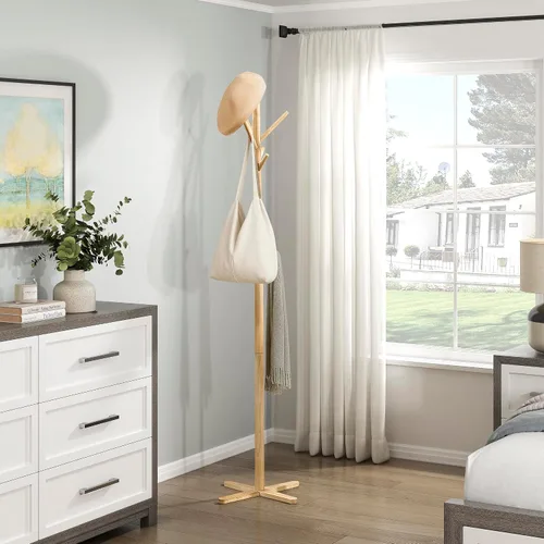 Vista 8 de Lexicon Perchero resistente de madera maciza con 9 ganchos para colgar para sombreros, bufandas, bolsos, perchero de madera de 3 niveles para árbol