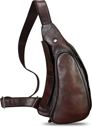 Vista 6 de Bolso de cuero genuino para mujeres y hombres, mochila de cuero retro para el pecho, bolso cruzado, Café
