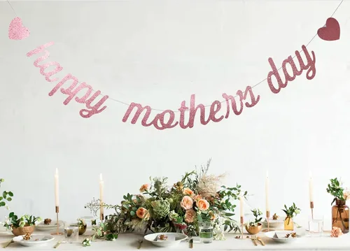 Vista 5 de Cartel de papel con purpurina de oro rosa con texto en inglés «Happy Mother's Day», divertido cartel decorativo para fiesta de cumpleaños