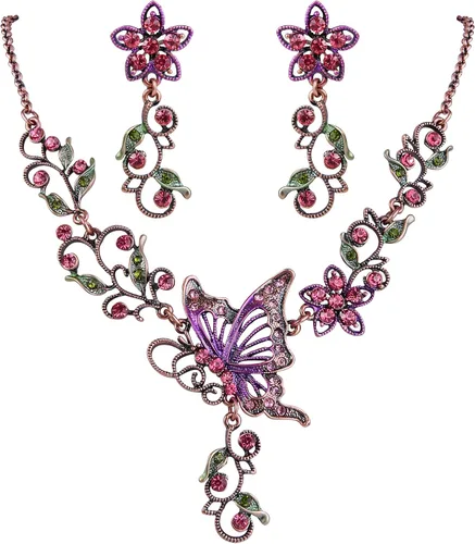 Vista 8 de EleQueen Conjunto de collar y pendientes de mariposa, flor y hoja de cristal austriaco para mujer Negro