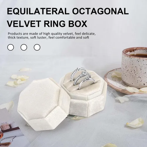 Vista 5 de Hommtina Caja de anillo de terciopelo, caja de regalo para anillos de joyería, estuche vintage para ceremonia de boda (tres anillos beige)
