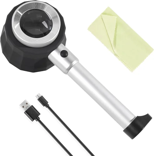 Vista 8 de Lupa con luz, recargable por USB, 5 x 10 x 15 x lupa de mano doble lente lupa 8 luces para leer impresiones pequeñas, lectura de personas mayores
