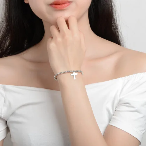 Vista 5 de Pulsera de cuentas de oro para mujer, cadena de cuentas de oro chapada en oro de 14 quilates con cruz y cadena de cola ajustable (2.16 pulgadas)