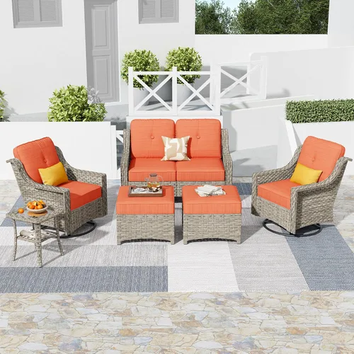 Vista 69 de HOOOWOOO Sofá de patio de 3 plazas de mimbre para exteriores, resistente a todo tipo de clima, con respaldo alto, muebles a juego (beige y bronceado)