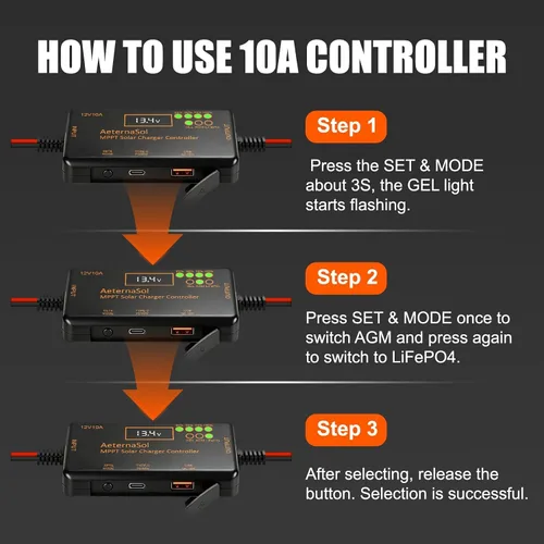 Vista 8 de Controlador de carga solar MPPT 12V 10A para baterías LiFePO4, AGM y gel