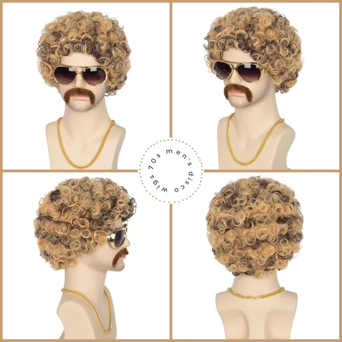 Vista 6 de Miss U Hair - Peluca de cabello de los años 70 para hombres, peluca de fiesta de Halloween, peluca corta y rizada de los años 70 para hombres