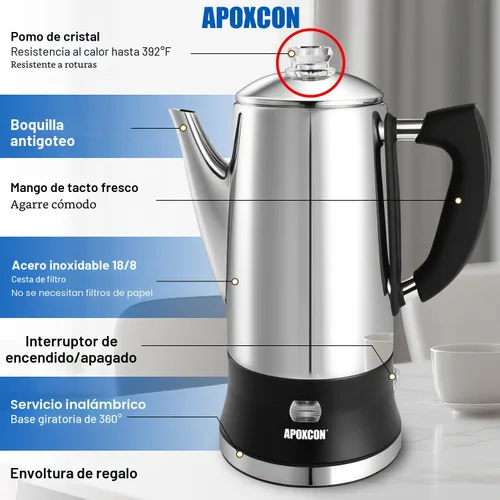 Vista 4 de APOXCON Cafetera eléctrica de acero inoxidable con perilla de progreso de preparación transparente, botón de vidrio resistente y interruptor