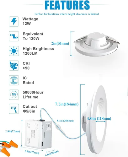 Vista 4 de Lightdot LED de 6 pulgadas empotrable con luz nocturna 1200LM 12W 120V regulable LED Downlight iluminación, 3000 K/4000 K/5000 K seleccionables
