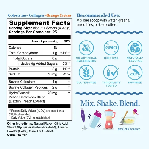 Vista 2 de Colostrum colágeno en polvo péptido hidrolizado HydroPeach Salud intestinal y apoyo inmunológico 0.04 oz de calostro bovino, 0.07 oz de péptidos