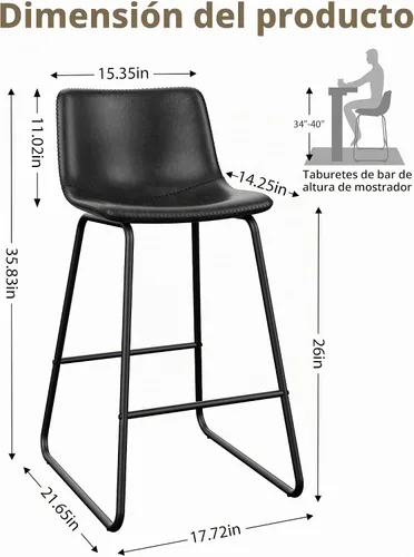 Vista 2 de Juego de 2 Taburetes de Bar, Taburetes de Bar de Altura de Mostrador de 26 Pulgadas con Respaldo, Taburetes de Bar Modernos de Cuero Sintético