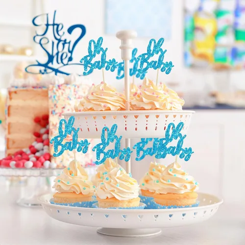 Vista 5 de 24 adornos para cupcakes con purpurina para baby shower, para baby shower, temática de revelación de género, decoraciones para pasteles para baby