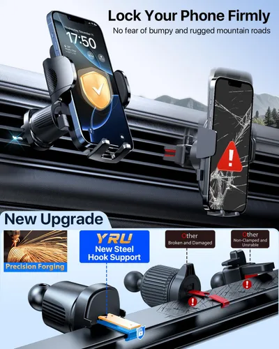 Vista 5 de YRU Soporte de teléfono para automóvil [brazo de aluminio ajustable y flexible para 2026] Soporte de teléfono celular para salpicadero del Negro
