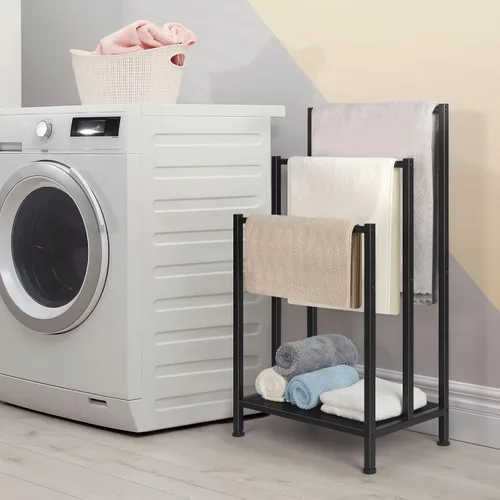 Vista 7 de Toallero independiente, toallero de metal de 3 niveles, soporte para manta para dormitorio, soporte de toalla de baño negro, soporte para toallas