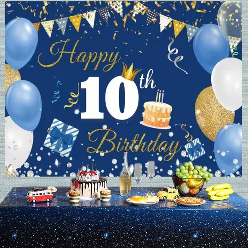Vista 3 de Cartel de tela para decoración de cumpleaños número 10 para niños y niñas, cartel de tela de feliz 10 años, fondo de fotografía azul, suministros
