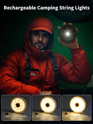 Vista 2 de Cadena de luces retráctiles mejoradas para acampar al aire libre, cadena de luces de campamento de 33 pies con broche, cadena de luz recargable, 9
