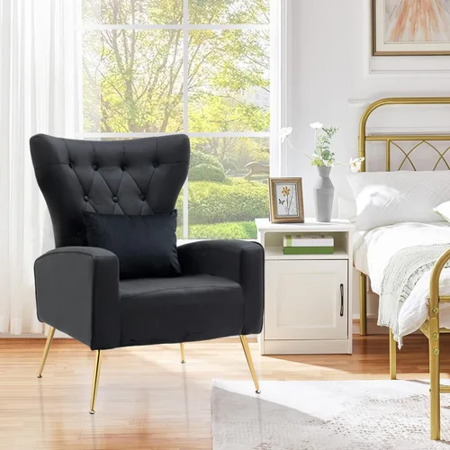 Vista 5 de Silla decorativa de terciopelo para sala de estar, sillón de mediados de siglo con respaldo de ala alta, silla auxiliar dorada para dormitorio