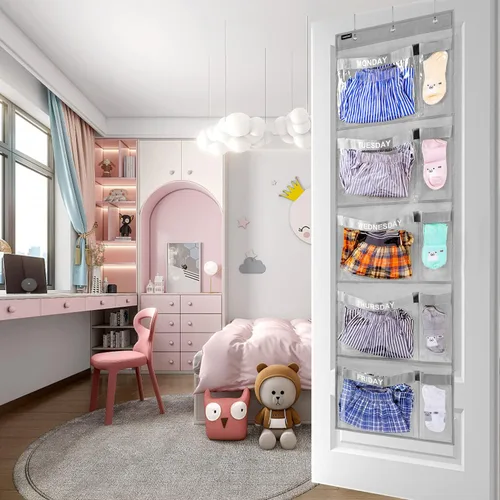 Vista 4 de Organizador semanal de ropa para niños, día de la semana, almacenamiento de ropa escolar, de lunes a viernes, organizador colgante de armario (gris)