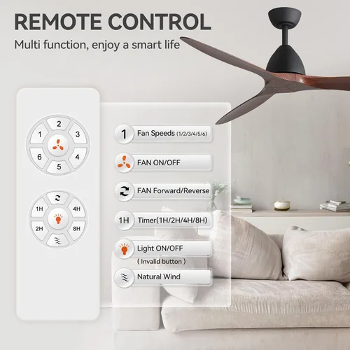 Vista 6 de Ventilador de techo rústico de 56 pulgadas sin luz con control remoto, ventilador rústico de 3 aspas ABS de grano de madera, motor CC reversible