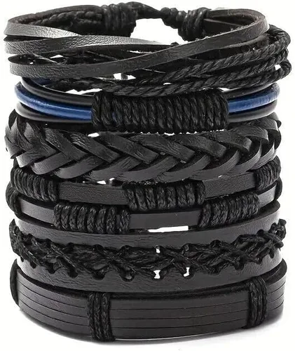 Vista 4 de Pulsera ajustable de cuero trenzado para hombre, 24 unidades, Cuero, cuero