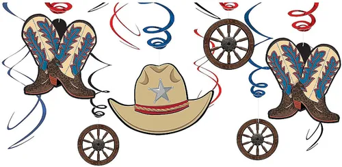Vista 10 de Decoraciones de remolinos colgantes para fiestas occidentales, 5 y 7 pulgadas (paquete de 12) – Remolino rojo y azul con recortes de vaquero