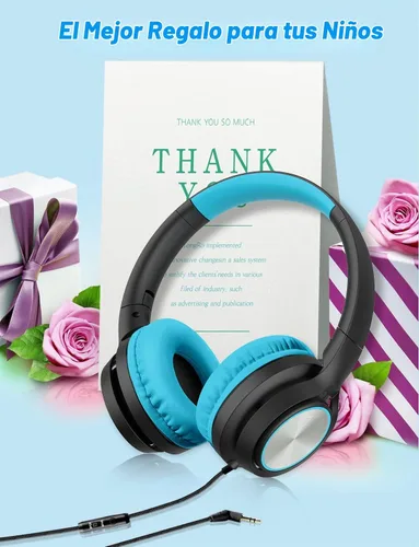 Vista 7 de Voopwink Auriculares para niños con micrófono, auriculares con cable sobre la oreja con volumen limitado de 85 dB/ 94 dB para niños, niñas Negro-Azul