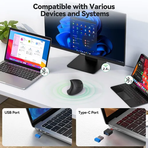 Vista 2 de TECKNET Jiggler Ratón ergonómico, mouse vertical inalámbrico Bluetooth de 4800 DPI con 6 niveles de DPI ajustables, 2.4 GHz (USB A y C), mouse