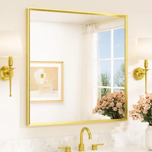 Vista 90 de TETOTE Espejo de baño dorado cepillado de 20" x 30", espejo de tocador de baño rectangular de latón dorado cepillado con marco biselado para sobre
