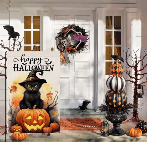 Vista 2 de BLKWHT Bandera de jardín de gatos de Halloween de 12 x 18 pulgadas, vertical, doble cara, feliz Halloween, calabaza, vacaciones, decoraciones