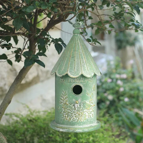 Vista 10 de Casas de pájaros colgantes de metal para exteriores, casitas de pájaros para exteriores, nido de pájaros único para pájaros azules, pajarillos