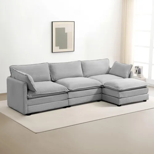 Vista 17 de ROWHY Sillón individual con otomano, sofá moderno de corduroy en forma de nube con chaise convertible, sofá tapizado para sala de estar, beige