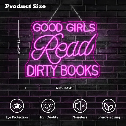 Vista 4 de Letrero LED de neón para decoración de pared, con texto en inglés "Good Girls Read Dirty Books", luz de neón regulable para el hogar, libro, fiesta