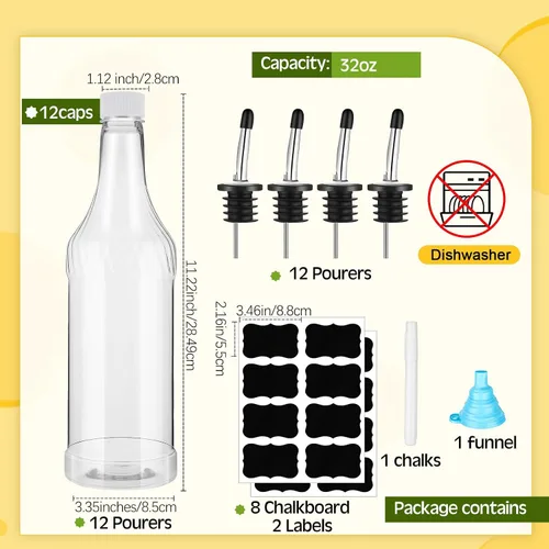 Vista 2 de Dandat 24 botellas de plástico de cuello largo de 32 onzas con vertedor y tapas, botellas de plástico para verter jugo con vertedores de acero