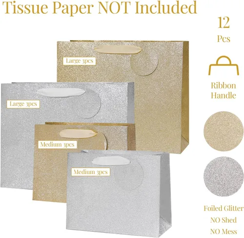 Vista 6 de PAPER FAIR 12 piezas surtidas de bolsas de regalo metálicas doradas plateadas con purpurina a granel con etiqueta, tamaño L 12.5' M 9