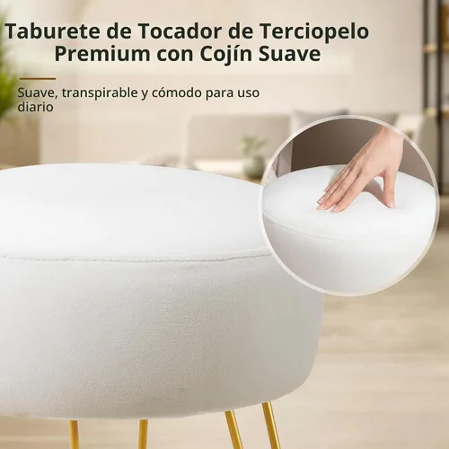 Vista 6 de LUE BONA Taburete de tocador, taburetes de tocador blancos para sala de maquillaje, taburete otomano redondo, reposapiés de terciopelo para tocador