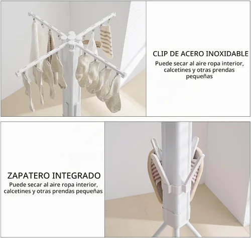 Vista 4 de RFOUO Tendedero de Ropa Trípode de Aluminio - 4 Varillas 16 Clips, Tendedero Plegable Portátil, Ahorro de Espacio, Tendedero de Ropa para Lavandería