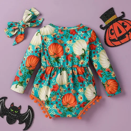Vista 3 de Yccutest Traje de Halloween para bebé recién nacida, mameluco de manga larga con lindo mameluco de calabaza + diadema para niños pequeños