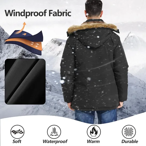 Vista 4 de Men's Winter Thicken Coat Warm Faux Fur Lined Padded Puffer Parka Jacket with Removable Hood