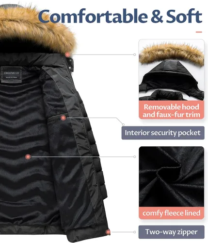 Vista 3 de CREATMO US Abrigo de invierno con capucha para mujer, impermeable, cálido, largo acolchado, parka