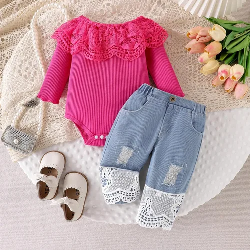 Vista 11 de Conjunto de ropa de bebé niña para bebé, mameluco de encaje blanco de manga larga + pantalones de mezclilla