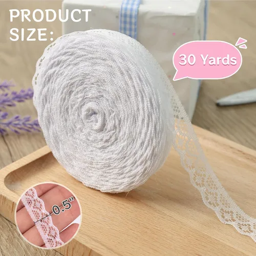 Vista 5 de VGOODALL Rollo de Cinta de Encaje Blanco de 30 Yardas, Ribete de Encaje para Costura, Manualidades, Encaje para Envolver Regalos, Decoración