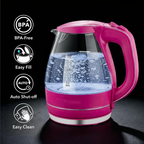 Vista 3 de OVENTE Hervidor Eléctrico, 1.5L de Vidrio de Borosilicato para Encimera, Calentador y Hervidor de Agua para Café o Té, Libre de BPA, Apagado Rosa